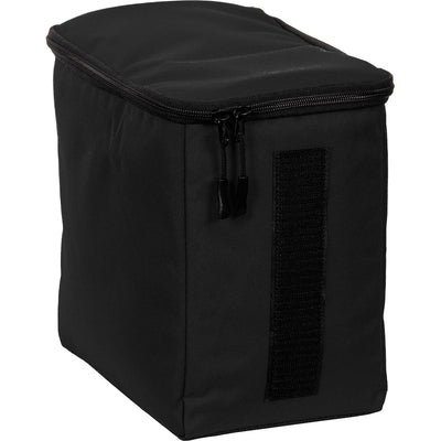 Black dynamic discs soldier cooler disc golf bag with a zippered lid and a vertical velcro strap on its side.