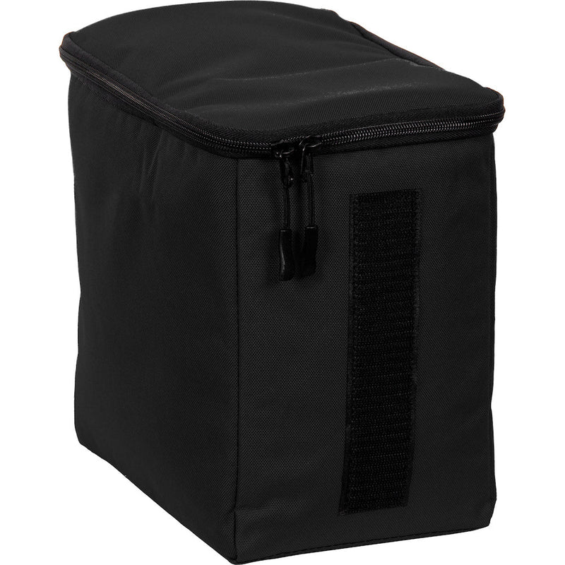 Black dynamic discs soldier cooler disc golf bag with a zippered lid and a vertical velcro strap on its side.
