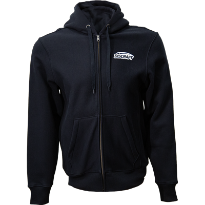 Black full-zip hooded sweatshirt with drawstrings, front pockets, and a white "discraft" logo on the chest.