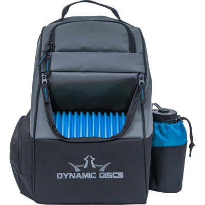 A black and gray dynamic discs trooper backpack with blue discs visible, and a teal and black water bottle on the side.