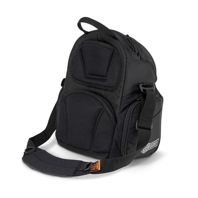 Black grip eq g2 series disc golf bag featuring multiple mesh pockets and padded shoulder strap.