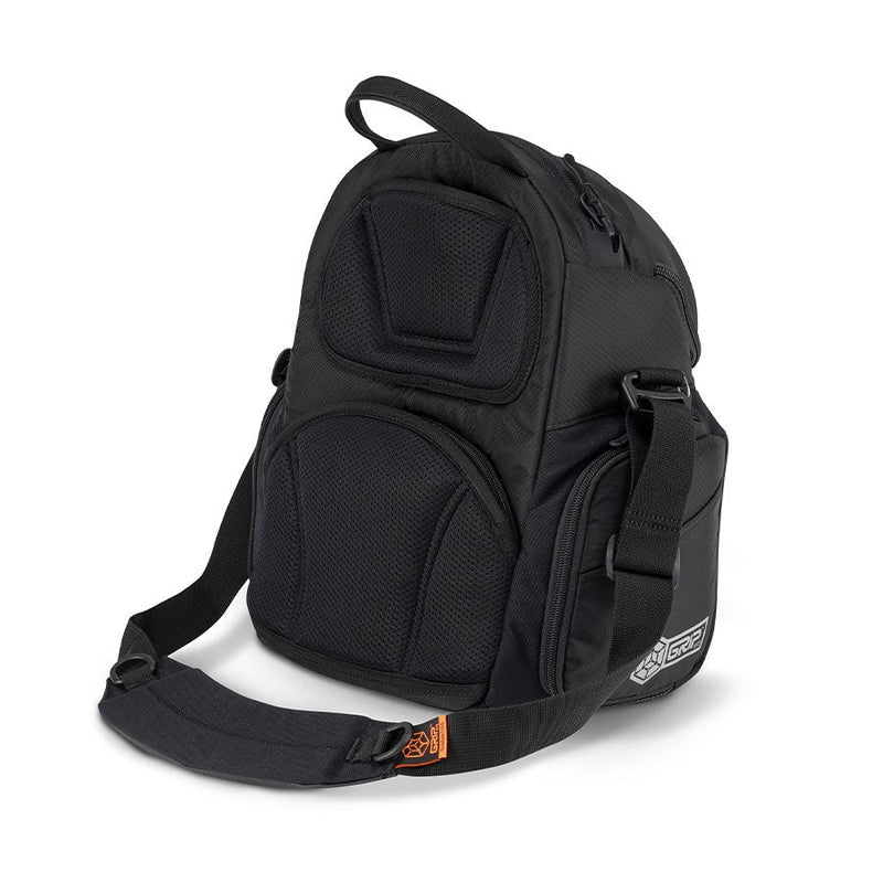 Black grip eq g2 series disc golf bag featuring multiple mesh pockets and padded shoulder strap.