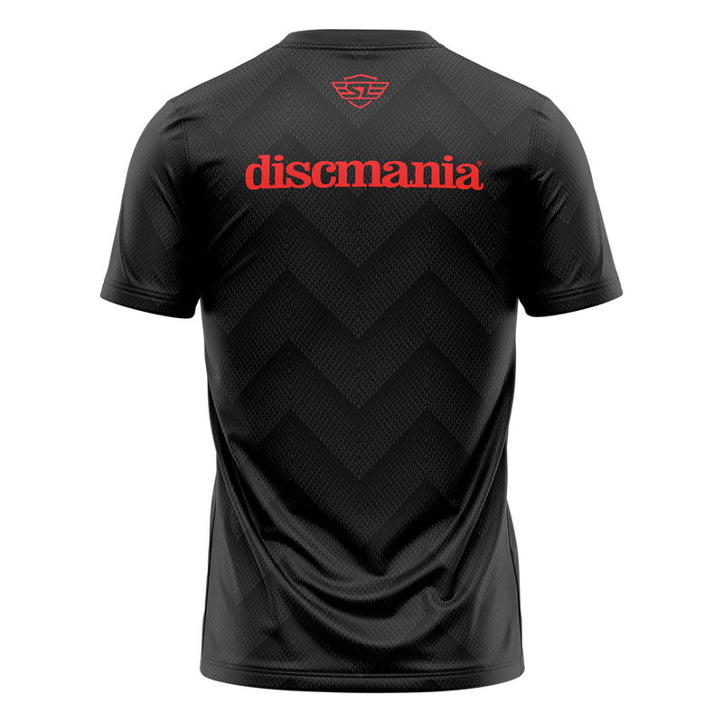 Black jersey with an embossed chevron pattern, red "discmania" lettering, and "sl" logo on the back.