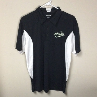 Black and white mvp orbit logo polo shirt with the mvp disc sports logo on the left chest.
