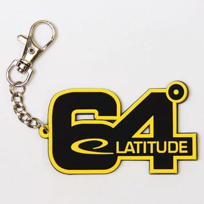 Black and yellow latitude 64 disc golf keychain with a silver lobster clasp and chain.