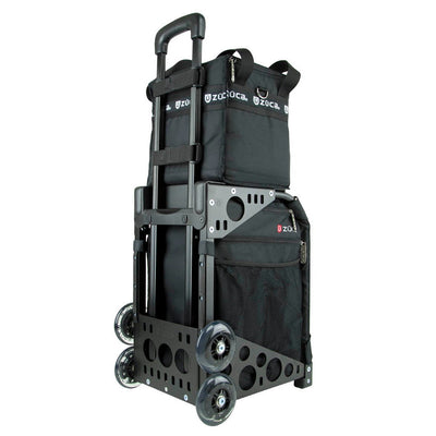 Black zuca coolzuca cooler cart with black fabric bags, a telescoping handle, and four clear wheels.