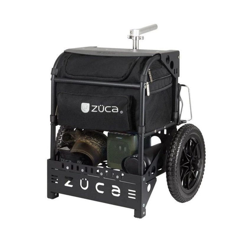 Black zuca transit cart with aluminum frame, large black textured wheels, and storage slots, on a white background.