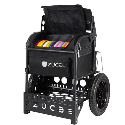 Black zuca transit cart with open top flap revealing a stack of colorful discs, durable frame, and rugged wheels.