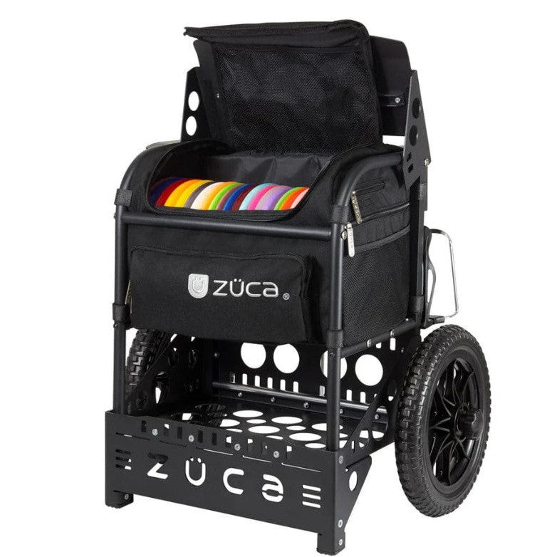 Black zuca transit cart with open top flap revealing a stack of colorful discs, durable frame, and rugged wheels.