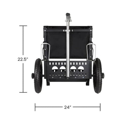 Black zuca transit cart, with two large wheels and a silver handle, displaying 22.5" and 24" dimensions.