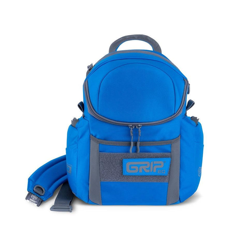 Blue grip eq g2 series disc golf bag with grey accents, zippers, strap, and hook-and-loop patch.