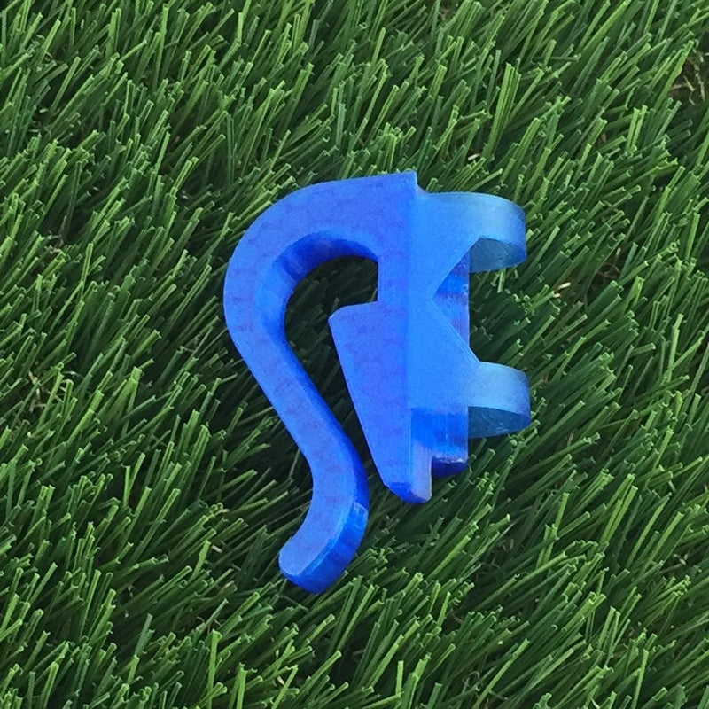 Blue Briggisware ZUCA Cart single putter holder made from translucent 3D-printed plastic with a curved clip.