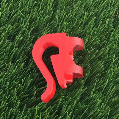 Bright red Briggisware Zuca Cart single putter holder with a curved hook design.