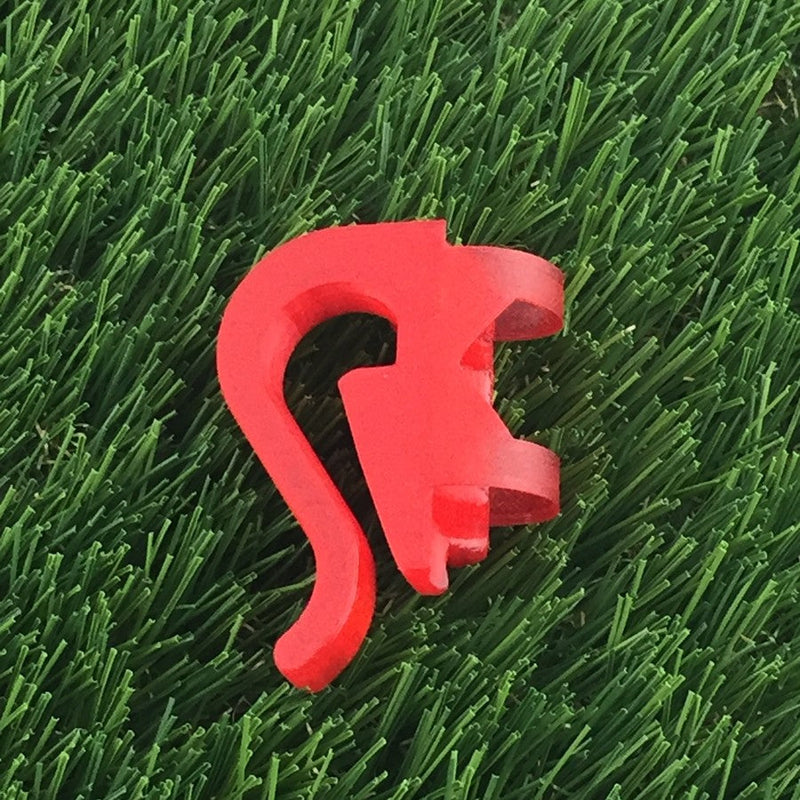 Bright red Briggisware Zuca Cart single putter holder with a curved hook design.