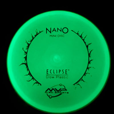 Bright green mvp nano eclipse 20 mini marker glowing with black text and abstract design around the center.