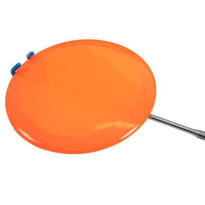 A bright orange disc held by a silver telescoping retriever with two small blue prongs on a white background.
