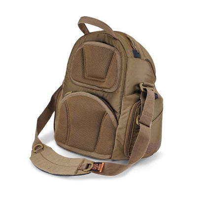 Brown grip eq g2 series disc golf bag shown at an angle, featuring padded mesh inserts and a shoulder strap.