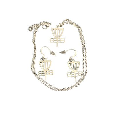 Silver Carabella Designs disc golf basket target earrings and necklace combo, featuring intricate charm details.