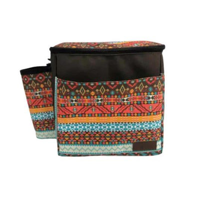 Carbella Designs Classic disc golf bag with a brown body and colorful Aztec pattern pockets.