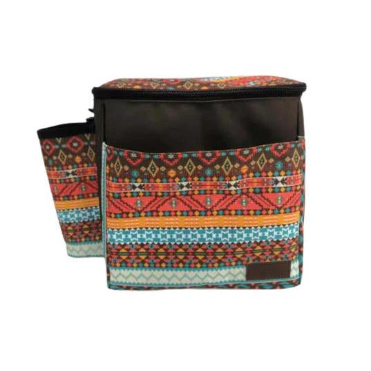Carbella Designs Classic disc golf bag with a brown body and colorful Aztec pattern pockets.