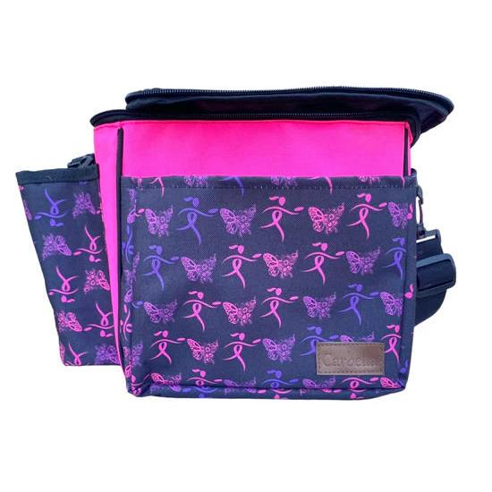Pink Carbella Designs Classic disc golf bag with a black main compartment and a magenta, butterfly, and ribbon pattern.
