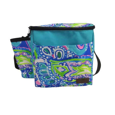 Carbella Designs Classic disc golf bag "Teal Sea" with a vibrant blue, green, and pink paisley pattern.