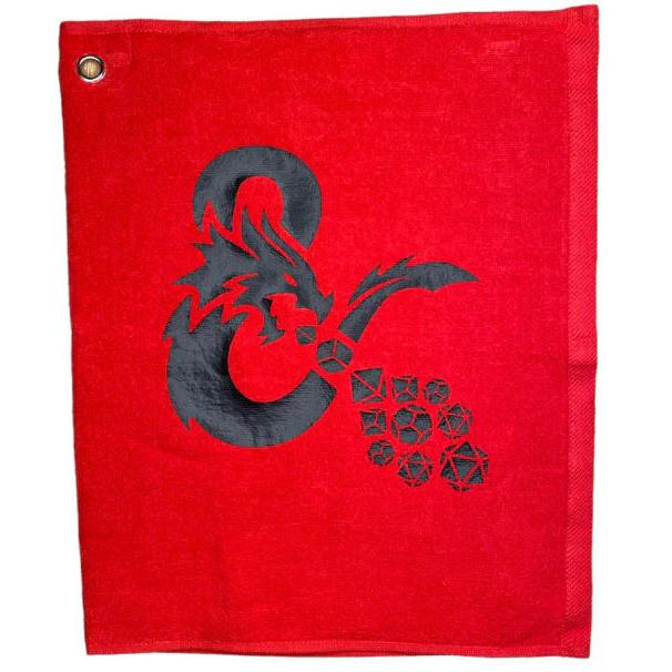 Red Carbella Designs disc golf towel featuring a black dragon holding dice and a brass grommet in the top left corner.