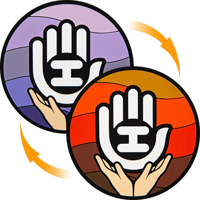 Circular handeye flexible mini coasters in purple and orange color palettes with hands holding a white logo.