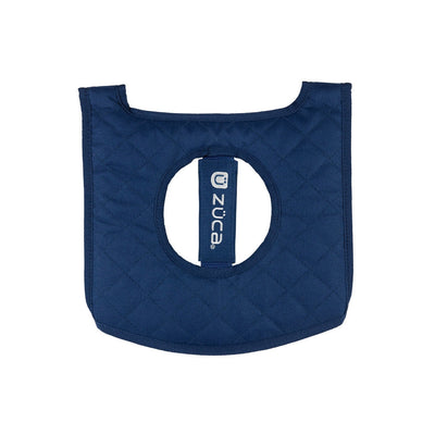 Dark blue quilted zuca cart reversible seat cushion with a circular cutout and the zuca logo in white.