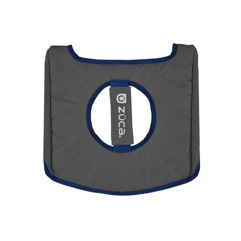 Dark gray zuca cart reversible seat cushion with blue trim, a circular cut-out, and a zuca logo strap.