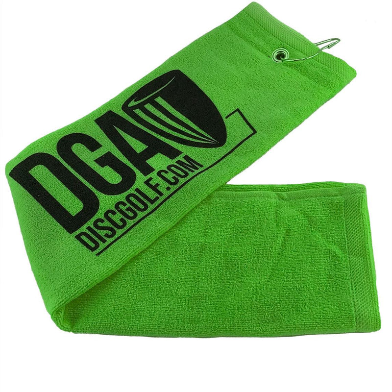 Bright green DGA tri fold towel with a black DGA logo and a silver metal grommet and hook.
