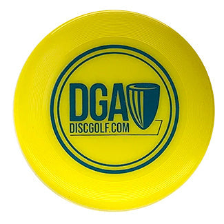 A bright yellow DGA mini marker disc with a teal DGA logo and discgolf.com branding.
