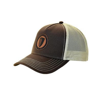 Brown DGA curved bill snapback hat featuring a round leather patch and tan mesh panels.