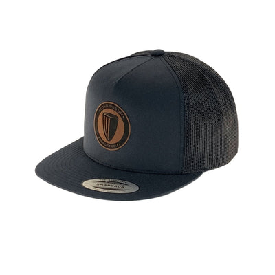 Dark gray DGA flatbill hat with a brown circular leather patch, mesh back, and gray snap closure.