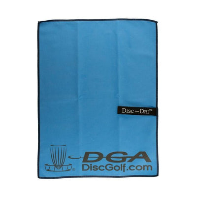 A rectangular DGA Disc-Dri blue towel with a black border, showing the black Disc-Dri logo and a DiscGolf.com logo.