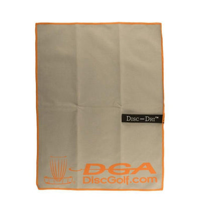 Beige DGA Disc-Dri towel with vibrant orange trim and orange DGA DiscGolf.com branding.