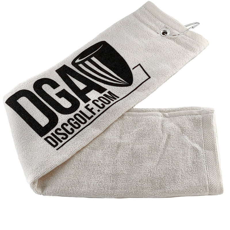 Off-white DGA disc golf tri-fold towel with a black logo, silver grommet, and carabiner clip.