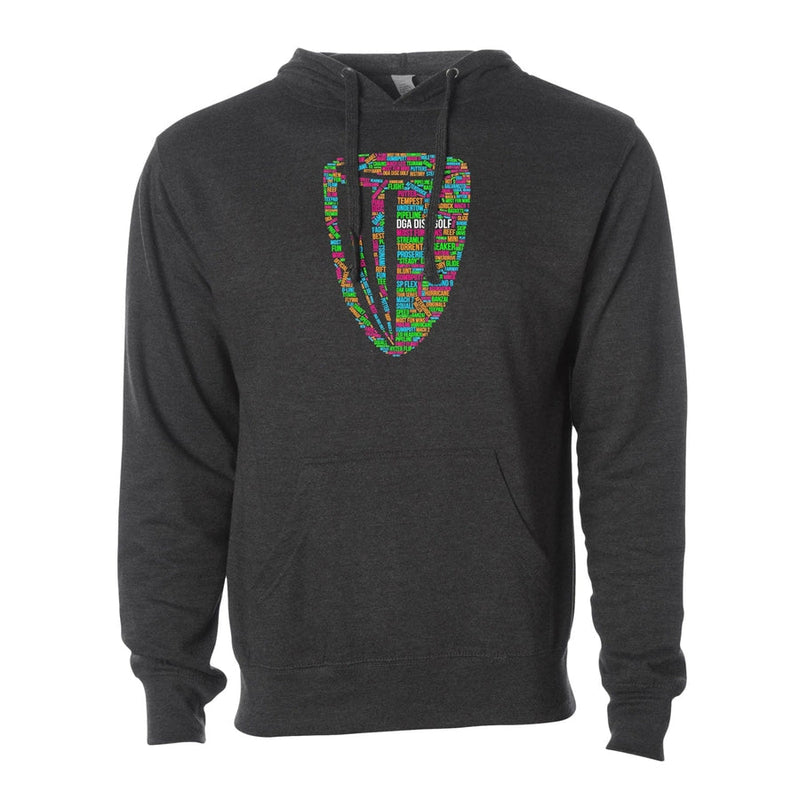 Dark gray DGA Essence Basket Icon Hoody with a colorful shield logo on the chest made of disc golf terms.