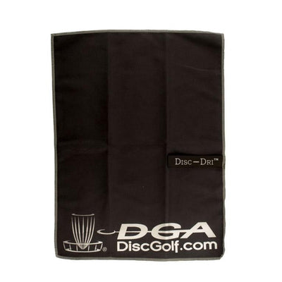 Microsuede black DGA Disc Golf towel with embroidered white logos and a gray hem.