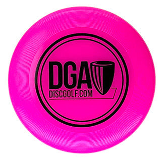 A bright pink DGA mini marker disc with a black DGA DiscGolf.com logo centered on its top surface.