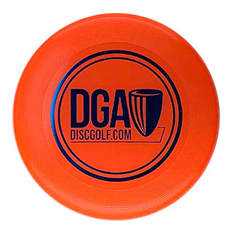 A vibrant orange DGA mini marker disc with a black concentric circle logo and text "DGA DISC GOLF.COM".