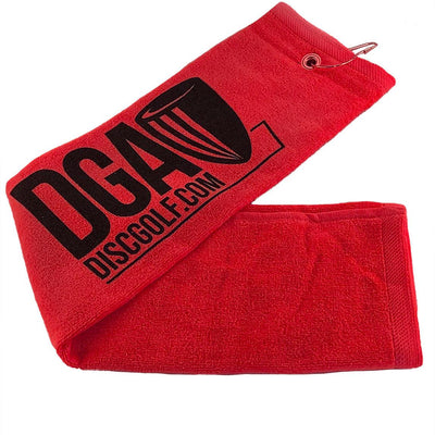 Red DGA tri-fold disc golf towel with black DGA logo and a metal carabiner clip.
