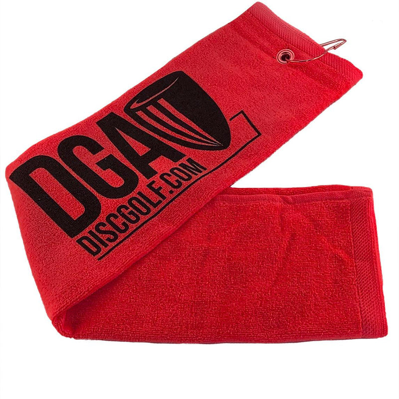Red DGA tri-fold disc golf towel with black DGA logo and a metal carabiner clip.
