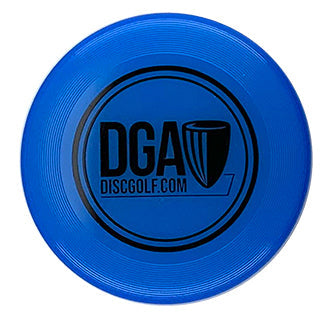 Round blue DGA mini marker disc with a black centered DGA DISC GOLF dot COM logo and rimmed edges.