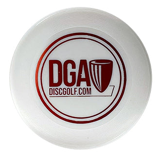 A white DGA mini marker disc features a large red DGA logo prominently displayed in the center.