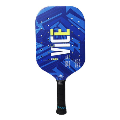 Blue Diadem Vice pickleball paddle with a vibrant geometric design, black grip, and yellow "VICE" lettering.