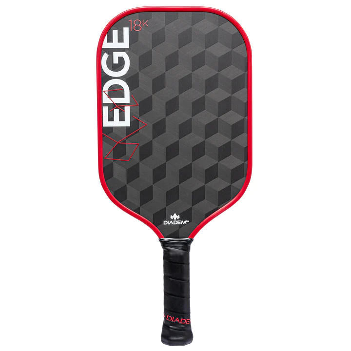 Black Diadem Edge 18K pickleball paddle with a red trim and a subtle cube pattern on the paddle face.