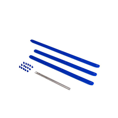 Three blue plastic bumper strips with holes, blue grommets, and one silver metal tool.