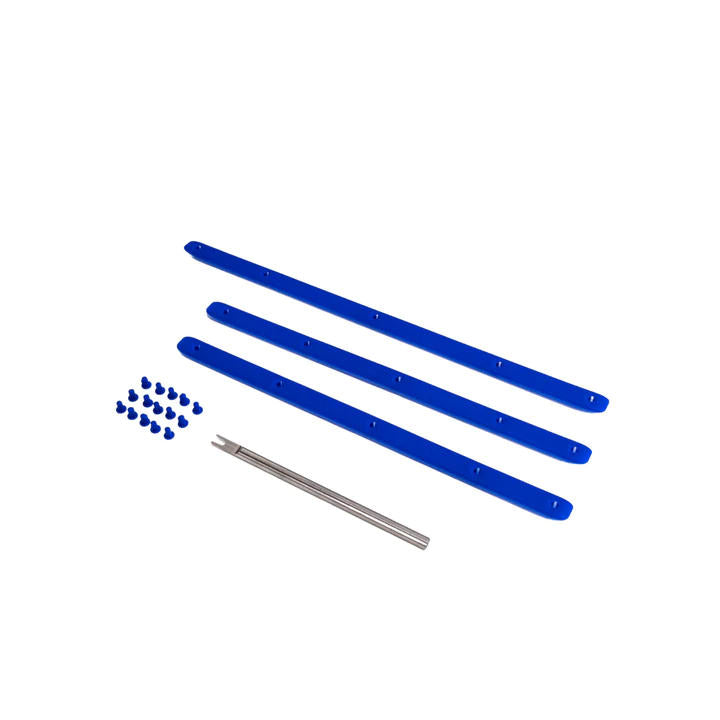 Three blue plastic bumper strips with holes, blue grommets, and one silver metal tool.