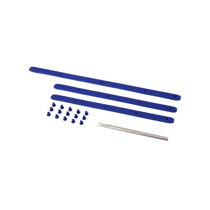 Three blue silicone Diadem Icon bumper replacement strips, fifteen matching blue screw inserts, and one silver metal tool.